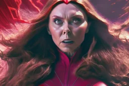 Mulher, feiticeira escarlate, rosto da atriz elizabeth olsen, rosto de wanda maximoff, cabelos ruivos, muito brava, wanda Marvel, expressão de raiva, 4k render, vilã, voando, imagem de longe, manipulando magia, raiva, corpo inteiro, olhos marcantes, mãos atirando magia do caos vermelha, cidade de destruição, cores frias, cinematográfico, dramático. Traje da wanda inspirado no filme doutor estranho no multverso da loucura da marvel, saindo magia de suas mãos, voando pelo céu e a destrui�