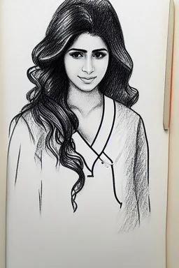 Pencil sketch of Young woman , nurse , Arab features,sad, long wavy hair, full body، on lined paper