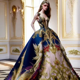 stunning couture gown designed by Marchesa inspired by fairies, realistic epic elegant fantasy colors in gold and black and red,decorated with precious stones, detailed, high quality, intricate, fantasyland background,