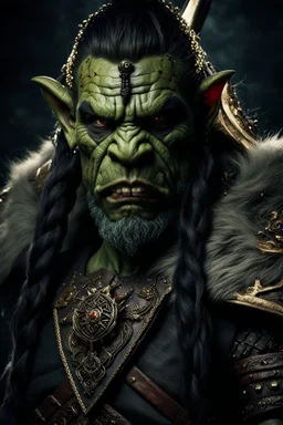 portrait of an orc king.braided hair and unique eyes. grimacing. Half of his head is shaved. wearing ornaments. Carrying a battleaxe. High resolution. 4K. 8K. Dark Fantasy style.