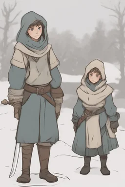 DnD style, two medieval peasant kids playing in the snow male and female, age 14 and 15, happy and playful, he has a short sword.