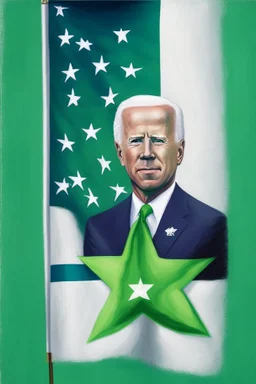 "painting of joe biden with green flag with white square and green star. "esperanto flag""