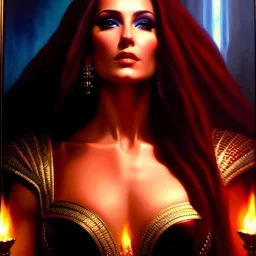 portrait of beautiful 'Sorceress, Diablo 4' painting by Brom , oil on canvas, cinematic composition, extreme detail,fit full head inside picture,8k