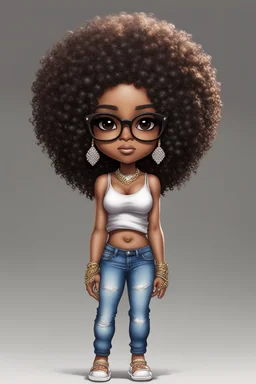 Create a magna chibi image of a black female with shoulder length tightly curl afro, black silky and brown eyes. Long eye lashes wearing a torn jeans and tank top with diamond studded "pretty" on the front, sandals , plus size body style. Diamond studded glasses and hoop earrings forward facing, 2k, white background