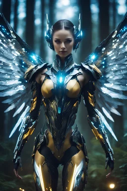 Close up Facing Front night photography Beautiful Angel woman cyborg cybernetic ,futuristic warframe armor, straddle wings in Magical Forest full of lights colors, Photography Art Photoshoot Art Cinematic Soft Blur Colors