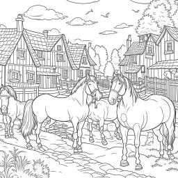 oloring book for kids, no colors, horses in village