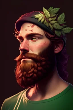 Generar una fotografia realista de un hombre joven con una mirada misteriosa que ostenta la condición de ser amigo de los dioses. Este personaje se dedica a cultivar cannabis con la misión de curar al mundo mediante sus plantas. Su rostro exhibe una barba que adopta la forma de un cogollo de color rojo dorado. Además, lleva una gorra estilo snap y usa lentes espejados tipo Ray-Ban, añadiendo un toque distintivo a su apariencia.