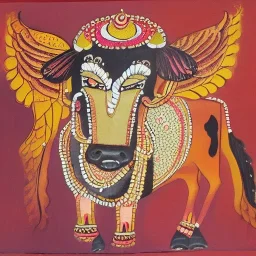 cow with hands and wings in Indian painting style