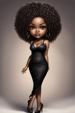 create a digital airbrush image of a chibi curvy black female wearing a black maxi dress and black sandals. Prominent make up with brown eyes. Highly detailed wild tight curly afro.