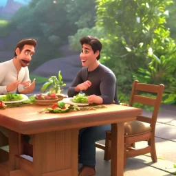 Two man sitting at the dining table eating an extremely healthy meal of fresh Whole Foods