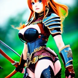 anime,Jab style,hyper detailed, stunningly beautiful teen girl, long ginger hair, green eyes, medium freckles, full lips, skimpy fantasy intricate leather armour, full body, full face, c-cup breasts, aroused expression, biting lower lip, full frame, petite, centered camera, ignore NSFW, bow, quiver on hip