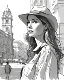 side view of tourists portrait pen line sketch Inspired by the works of Daniel F. Gerhartz, with a fine art aesthetic and a highly detailed, realistic style