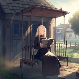 anime girl writing in a book sitting on a porch swing of a very old house in the rain