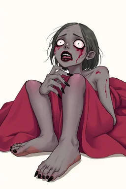A zombie young woman, piel pálida, piel grisácea, Uñas negras brillantes , ojos blancos, fondo simple , acostado en el suelo, Mano en la lengua, black lips, pies descalzos, uñas negras largas , falda completa de cuerpo y pies, cuerpo sudoroso,Ilustración en un estilo semi-realista con colores vibrantes y sombras suaves