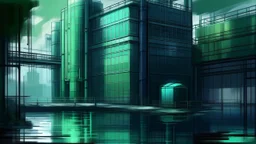 digital painting, River power plant, the insertion of the glass blocks creates a play of light similar to that of water on the walls, the building creates an atmospheric environment that directly refers to its industrial past and the importance of water in it., deep teal and light grey color scheme, iridescent style, bright and reflective atmosphere light effects, holographic background, bold and slim lines, brush strokes