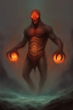 A giant floating fiend, glowing eyes, malevolent, chest burning, majestic, colorful, warm light, by Lucas Graciano