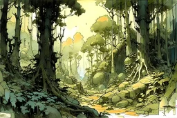 comforting forest den, create in inkwash and watercolor, All nature rocks trees skies sea, The morning light, the lily white, landscape of in the comic book art style of Mike Mignola, Bill Sienkiewicz and Jean Giraud Moebius, highly detailed, grainy, gritty textures, dramatic natural lighting