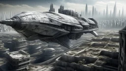 a photorealistic sleek silver spaceship flying over a ruined city