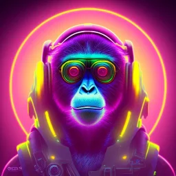 A beautiful portrait of a cyborg monkey purple neon color scheme, high key lighting, volumetric light high details psychedelic background