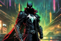 Spawn in 8k solo leveling shadow drawing style, close picture, rain, neon lights, intricate details, highly detailed, high details, detailed portrait, masterpiece,ultra detailed, ultra quality