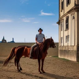 a man on a horses with a town in the background