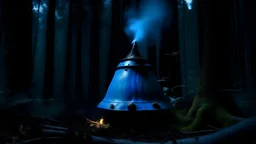 bell shaped object with a smooth metal surface flipped over on its side buried and smoking in the middle of the forest after dark glowing blue