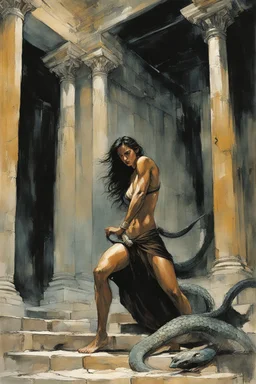 Alex Maleev, unused cover illustration, 2005: [greek goddess model in flesh]Trapped in a forgotten temple, a man and his son fight against two immense serpents. Their faces contort in pain, muscles straining against the relentless grip. Their struggle embodies resilience and the pursuit of freedom. In the decaying ruins, their defiance resonates deeply. With unwavering determination, they refuse to yield. Bound by an unbreakable bond, they draw strength from each other. Their battle echoes throu