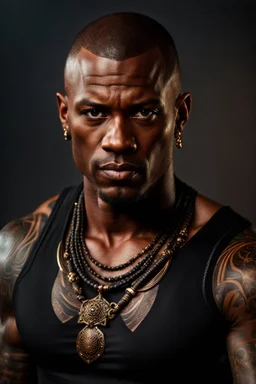 portrait of a 35 year old Handsome muscular mercenary with dark bronze skin adorned with tattoos. photorealistic