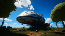 Small, sleek cargo spaceship, built like a teardrop, landing in an empty ruined alien street, blue sky, foliage