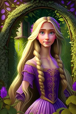 Princess Rapunzel, with a very beautiful and symmetrical face, with a charming look, with a very wonderful dress, in a very beautiful garden