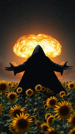 A field of random sunflowers with bright lighting , at the end of the picture is a dark with stars sky background a huge nuke explosion behind the explosion a very large open arms dark scary shadow of a black hooded creature