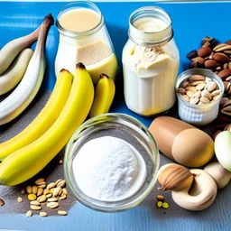 Ingredients for a proteinshake. Eggs, bananas, protein powder, nuts