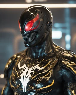 A detailed raw photo of the Venom black Cyborg made entirely of luminescent and translucent liquid materials, bathed in cinematic light. You can see all the inside of his body, with two Daft Punk-style, realistic elements, captured in infinite ultra-high-definition image quality and rendering