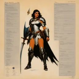 ConceptSheet: woman paladin and her shield with AD&D statistics [by frank frazetta]