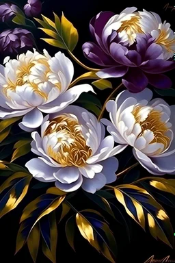 painting of white small Peonies flowers with gold flowers in center of canvas dark purple background