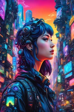 psychedelic Genius girl thinking deep thoughts cyberpunk city, hyperdetailed and highly intricate digital illustration, by Ghibli Studio, vibrant colors, Black ink flow: 8k resolution photorealistic masterpiece: by Ghibli Studio, photo-realistic