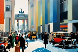 hustle and bustle in Berlin 1925; Bauhaus style, impasto, cinematic, dramatic, dynamic, ((great verticals)), ((great parallels)), amazing reflections, excellent shadows, perfect translucency, sharp shadows, (wild contrasts), (vivid bold colors)