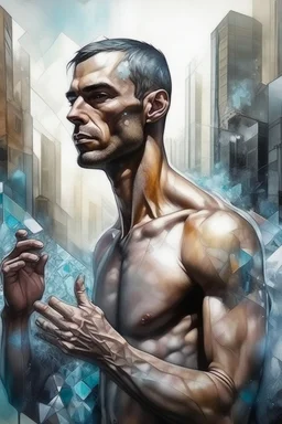 A surreal picture of a man with crystal visible chest in side it merge a big city buildings, Busch painting style
