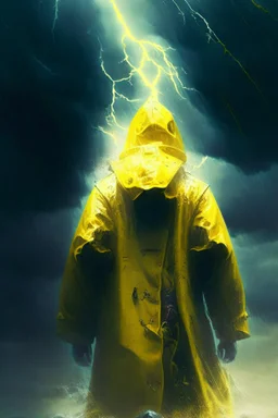 dead seafarer i yellow raincoat, storm, lightening, depth of field, fantasy art, 4k, highly detailed, sunlight through clouds