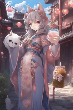 Kyoto Animation stylized anime mixed with tradition Chinese artworks~ A cat holding bubble tea, artwork reminiscent of Skull Knight. Her pose very confident and feminine standing out in a dark alley. Cinematic Lighting, ethereal light, intricate details, extremely detailed, incredible details, full colored, complex details, insanely detailed and intricate, hypermaximalist, extremely detailed with rich colors. masterpiece, best quality, aerial view, HDR, UHD, unreal engine.