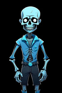 Cartoon style, Funny skeleton that wears a high-collared shirt, wears a blue blouse over it, black shorts, has his hands in the pocket of his blouse, has completely dark and deep-set eyes while one of them glows blue, completely dark background, undertale