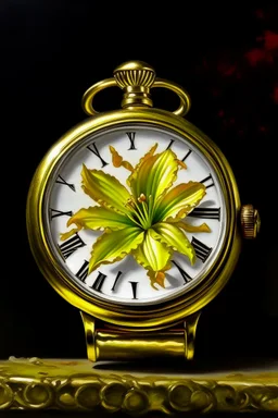 زهرة زنبق ليلي داخل ساعة ذهبية لوحة زيتية