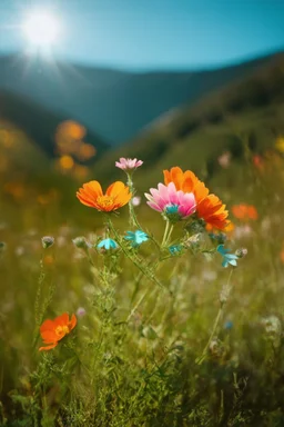 Old polaroid, In the mountain, wild delicate flowers, orange, pink, turquoise, in the sun, delicate, bokeh