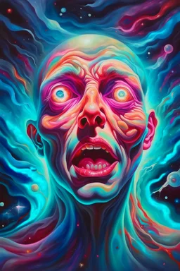 Busch painting style A big scary face out of A nightmare from light." Stars are holes in the fabric of reality, from which a blinding, painful light pours. Nebulae resemble phantasmagorical visions.covering both ears with hands