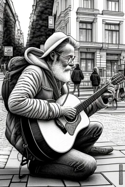 One single mature human, dog sitting beside, playing guitar in the street , Vienna, friendly, model style, hyper realistic, extremely accurate, delicate, extremely detailed, Graphic novel style, wide-angle, open aperture, superfine pencil