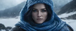 Photoreal gorgeous blue scaled triton ranger woman with blue scaled blue skin blue as blue Monica Bellucci in an ice covered mountain landscape snowing at night by lee jeffries, otherworldly creature, in the style of fantasy movies, photorealistic, bokeh masterpiece smooth shading, ultra detailed, high resolution, cinematic, unreal 6, subtle shadows, octane render, 8k, cinema 4d, HDR, dust effect, vivid colors