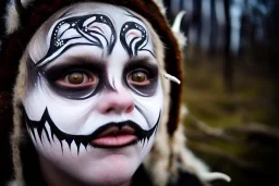 Northern Natives, birchbark in the face of Kekripukki, Scary Horns, Midwinter, Ghost, Mystic, Haunted Children, Witch, Wizard, Sage, Traditional Costumes, Full Face Painted colofully. Arctic Hills, Strange Forest, Haunting Atmosphere, Crazy