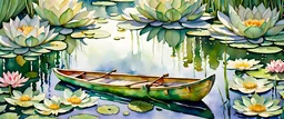 photo realistic watercolor painting of canoe in waterlily lake Ariel view, full of waterlily flowers, green lake, pen line sketch and watercolor painting ,Inspired by the works of Daniel F. Gerhartz, with a fine art aesthetic and a highly detailed, realistic style