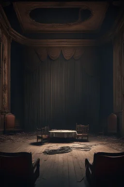 Bosch nightmares paint inf style an abandoned theater stage with roped curtains and damaged chairs ,insanely detailed octane render trending on artstation, 8k artistic photography, photorealistic concept art, soft natural volumetric cinematic perfect light, chiaroscuro, award-winning photograph, masterpiece, oil on canvas, Raphael, Caravaggio, Greg Rutkowski, people, beksinski, Giger