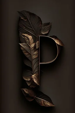 letter 'P' black colour, aesthetic, with brown leaf